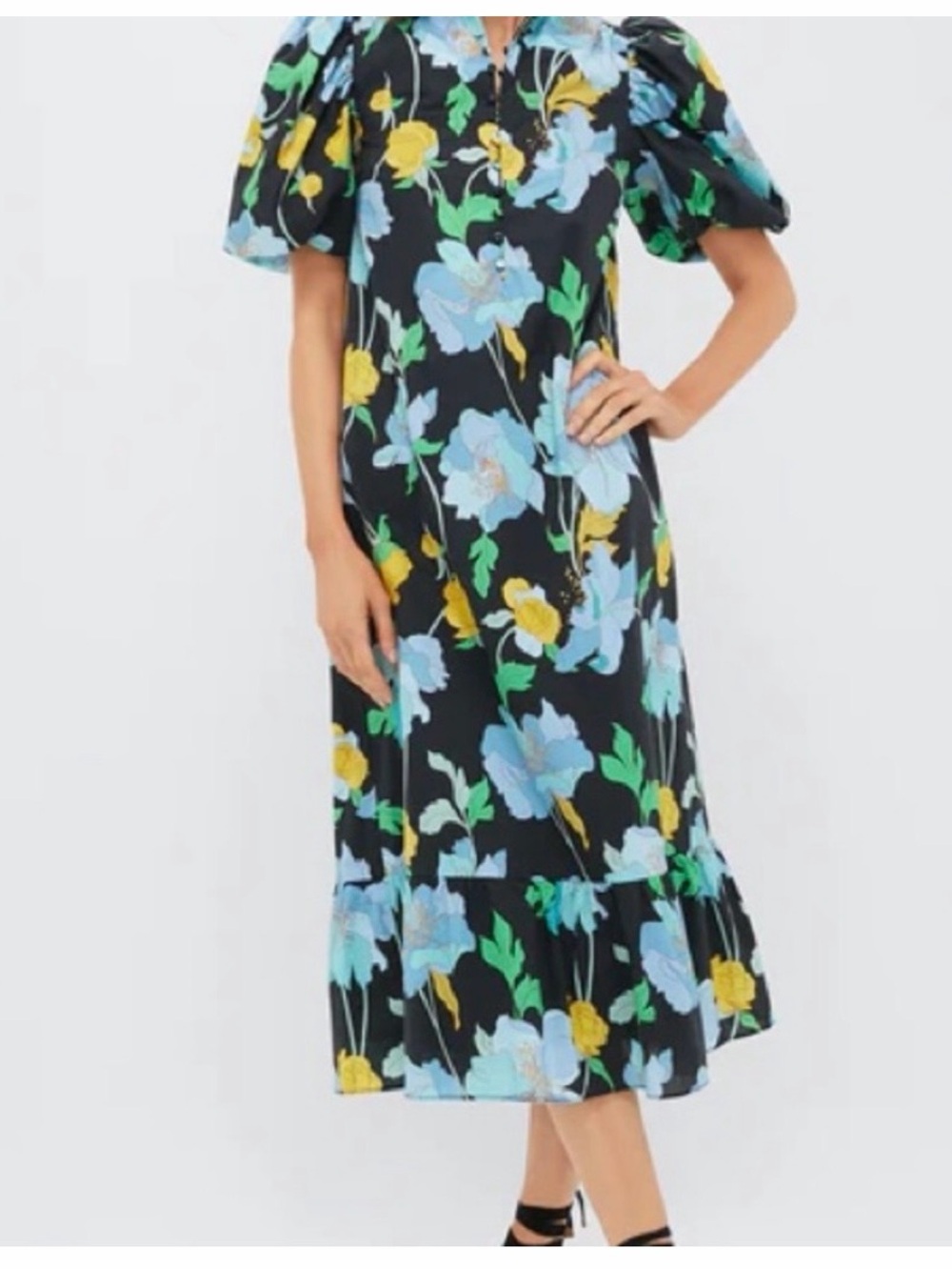 Tuckernuck XS Puff-Sleeve Floral Midi Dress - Black with Blue & Yellow Flowers